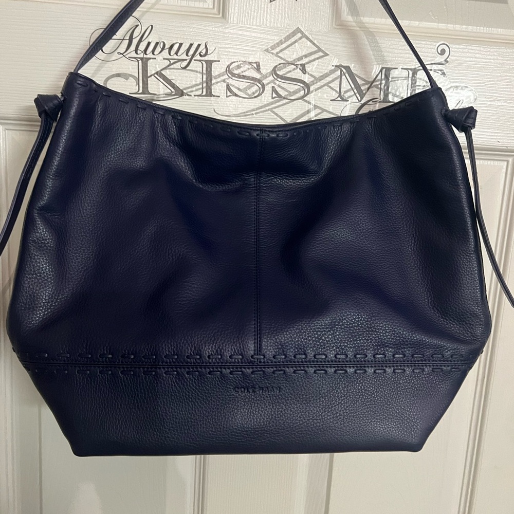 Cole Haan Navy Blue Shoulder Bag with Elegant Glossy Finish